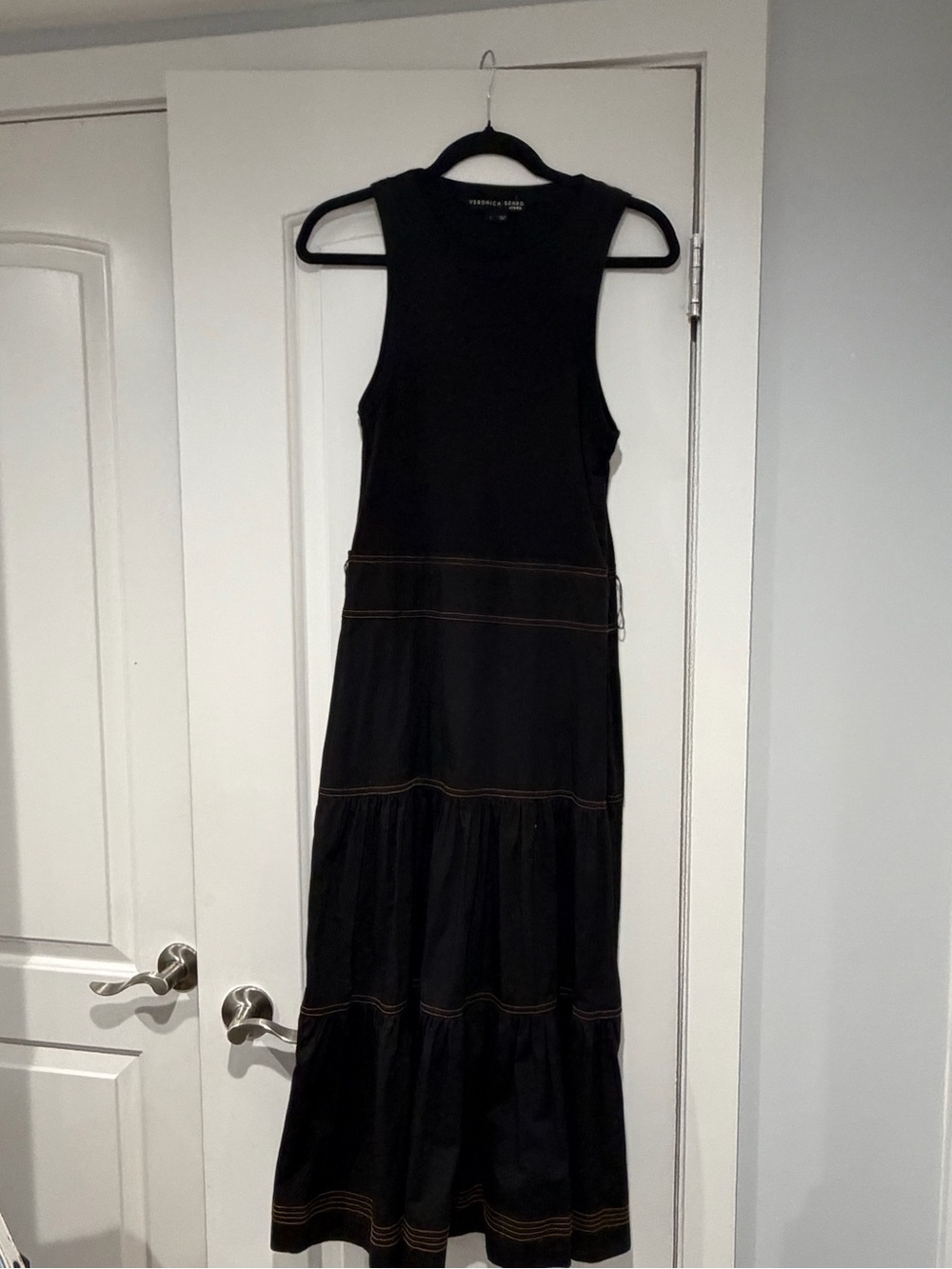 Veronica Beard Black Sleeveless Tiered Maxi Dress w Contrast Stitching no belt